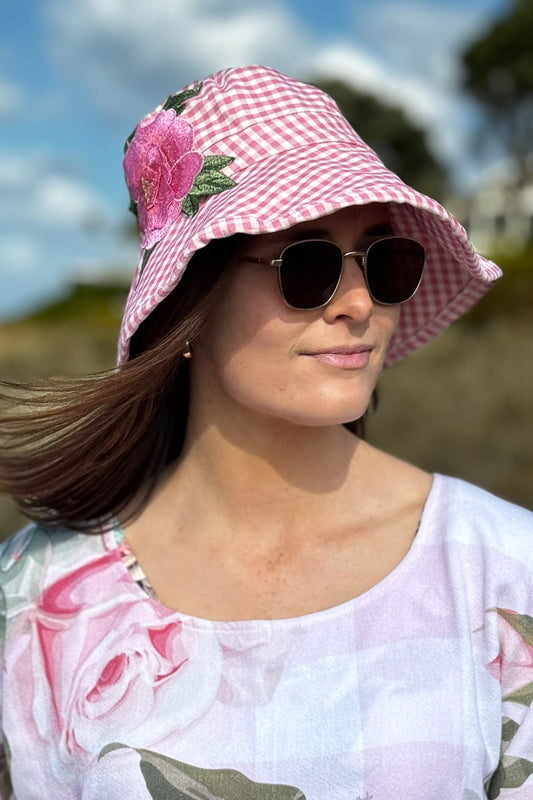 Izzy Bucket Hat - Pink Gingham