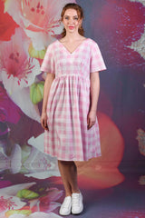 Model wearing Saski Angel Dress - Pink Check by Annah Stretton